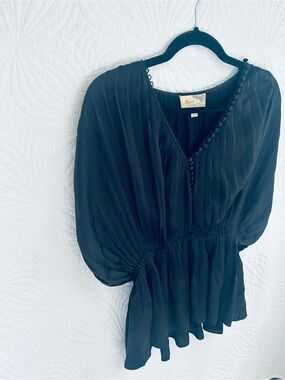 Elizabeth and James Black Pleated Peasant Blouse with Button Trim